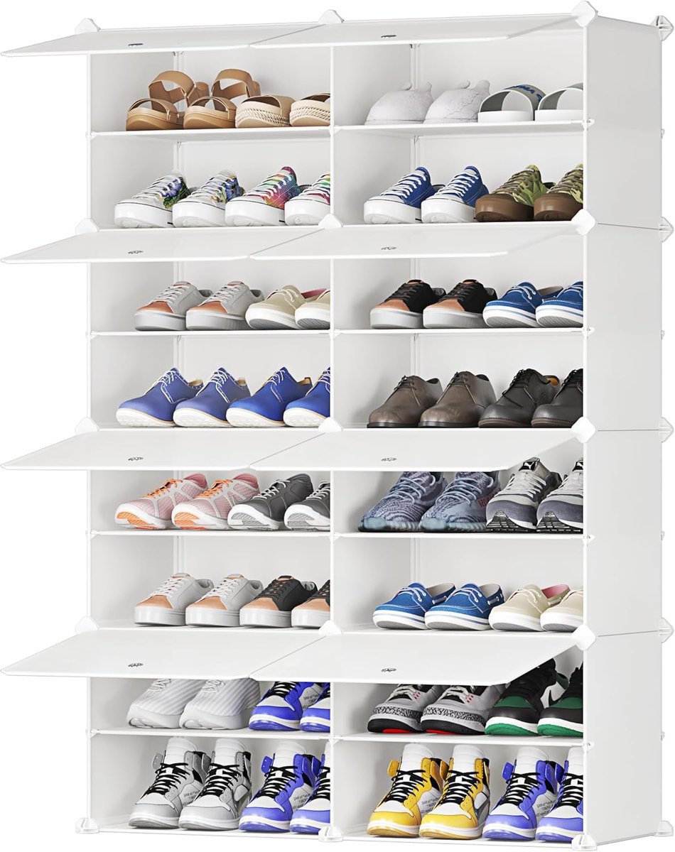 LifeStages® Schoenenkast, schoenenkast, grote capaciteit, doe-het-zelf kunststof, stofdicht, afneembare partitie schoenendozen, schoenenorganizer voor hal, slaapkamer, woonkamer, ingang, wit, 2 x 8 (8721197509610)