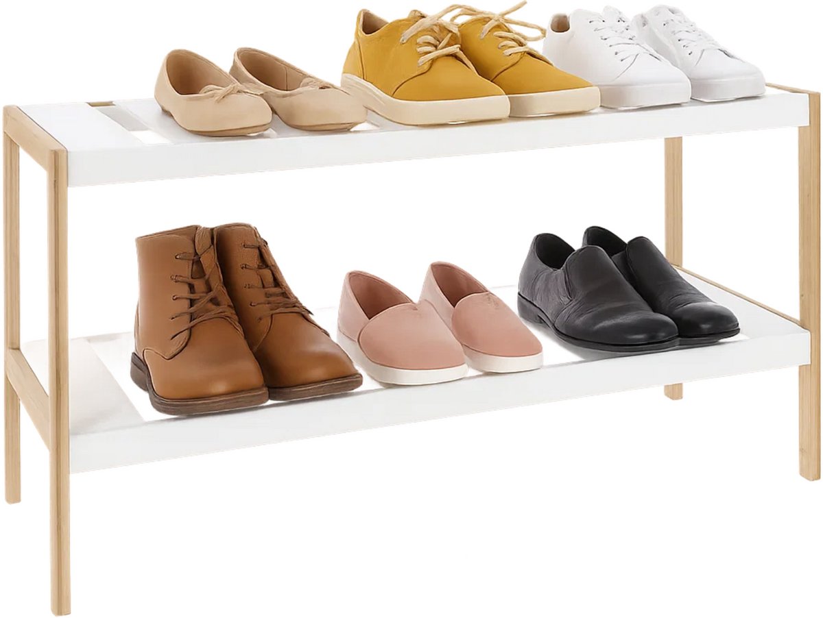 Lomera Bamboe Schoenenrek - 2-laags Schoenenrek - MDF Leggers - Bamboe Staanders - Compact Schoenenrek - Duurzaam Materiaal - Wit en Bamboe - Ruimtebesparend Ontwerp - Modern Design - Stevige Constructie - Schoenenopslag (8721046095097)