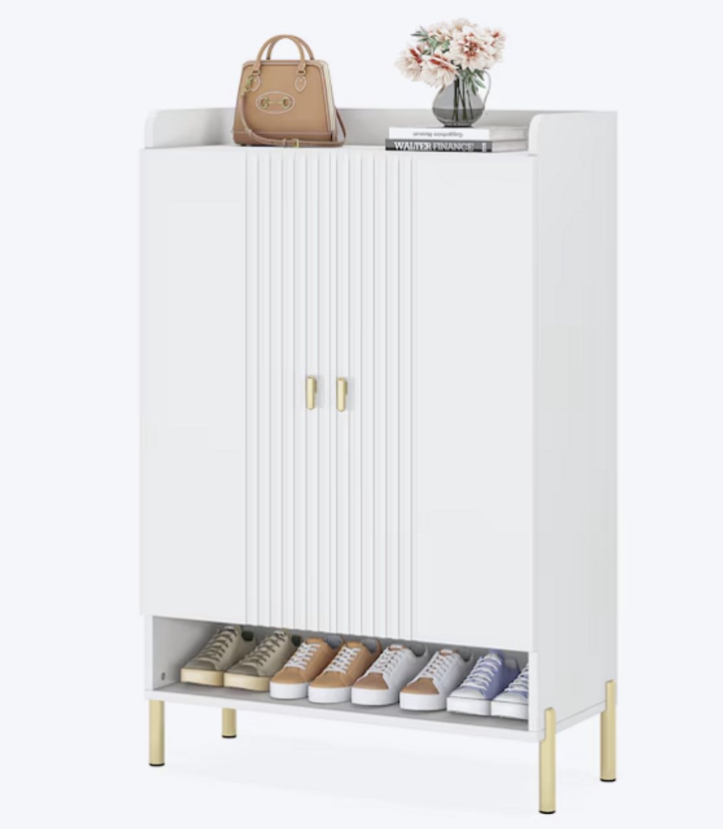 MAZAZU Schoenenkast - Schoenenrek met deuren - Wit/Goud - Hout - 75x36.5110cm (8720909815360)