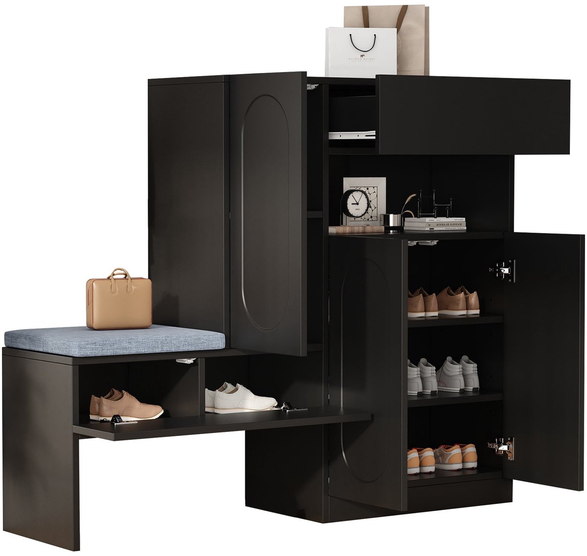 Merax 2-in-1 Schoenenkast met Zitting - Schoenenbank met 4 Deuren - Soft-Close - Verstelbare Planken en Gewatteerd Kussen - Zwart 130×35×110 cm (8721178471400)