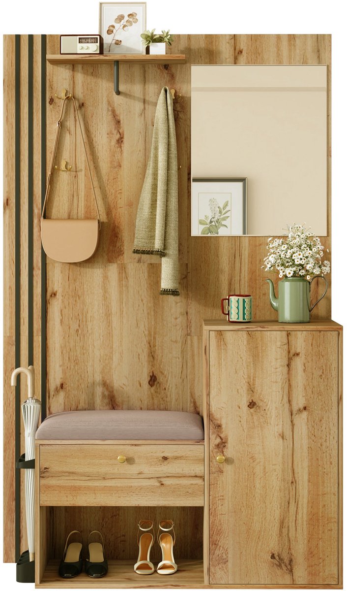 Merax Garderobekast met Spiegel en Schoenenkast - Halmeubel met Zitbank en Parapluhouder - Kapstok - Bruin met Zwart (8721178473992)