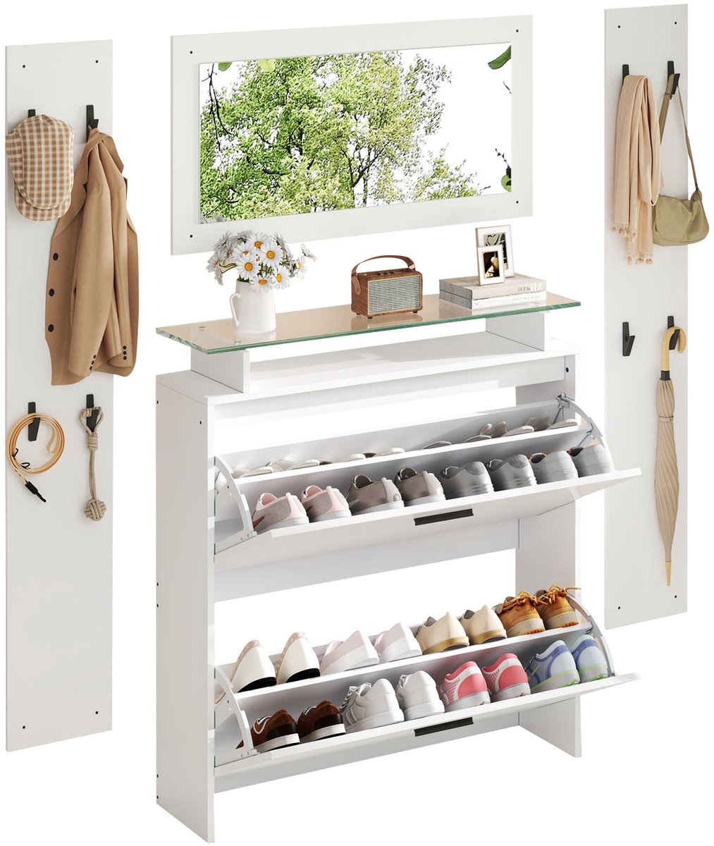 Merax Garderobeset 4-delig met Spiegel Schoenenkast en Kapstok 89.5x23x96.5 cm Wit (8721178473985)