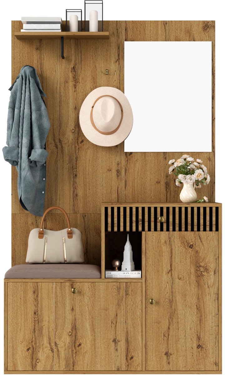 Merax Halmeubel 110 cm met Zitvlak - Spiegel en Schoenenkast - Houtlook Bruin (8721178473916)