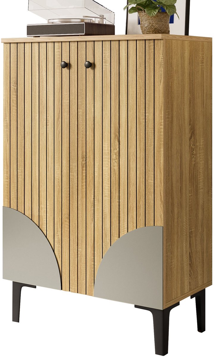 Merax Modern Houten Schoenenkast met Deuren - Compacte Schoenen Organizer met Planken & Zwart Metalen Frame - Opbergmeubel voor Hal - Woonkamer & Kleine Ruimtes (8721178473848)