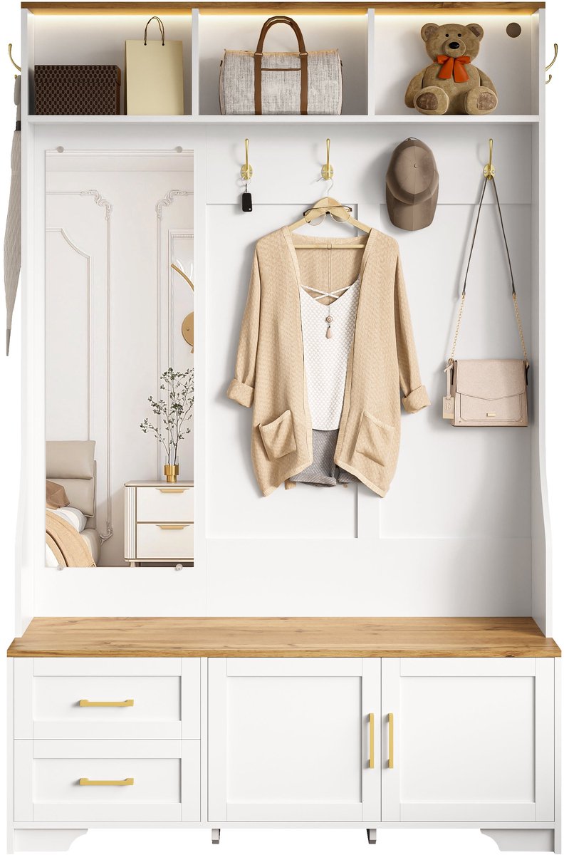 Merax Multifunctionele Hal- & Schoenenkast met LED-Verlichting Spiegel Haken en Schubladen - Modern Garderobekast voor Ingang & Hal met Opbergruimte en Zitgedeelte (8721178473855)