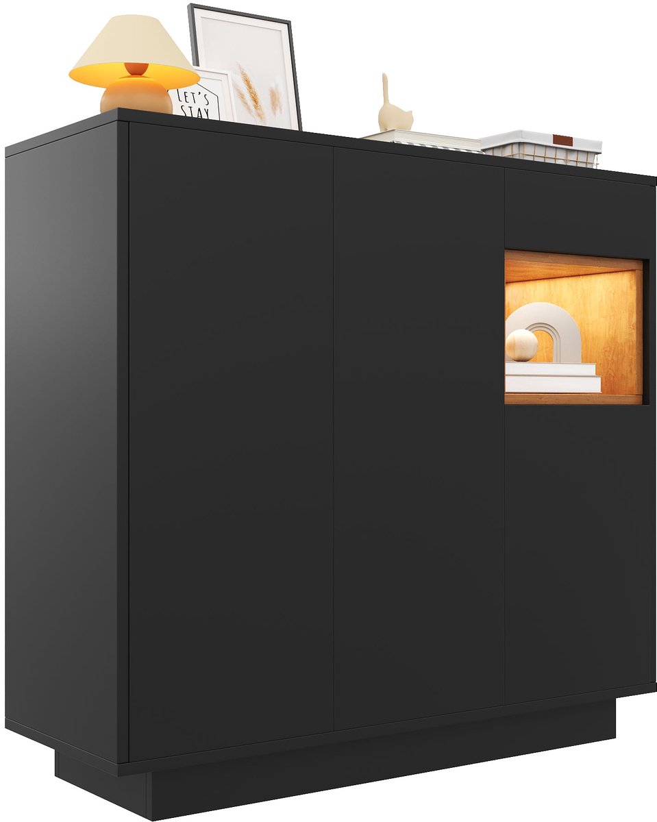 Merax Schoenenkast met Lade en LED-verlichting - Moderne Schoenenkast met Verstelbare Planken - Zwart & Hout - Voor 14-18 Paar Schoenen (8721178474401)