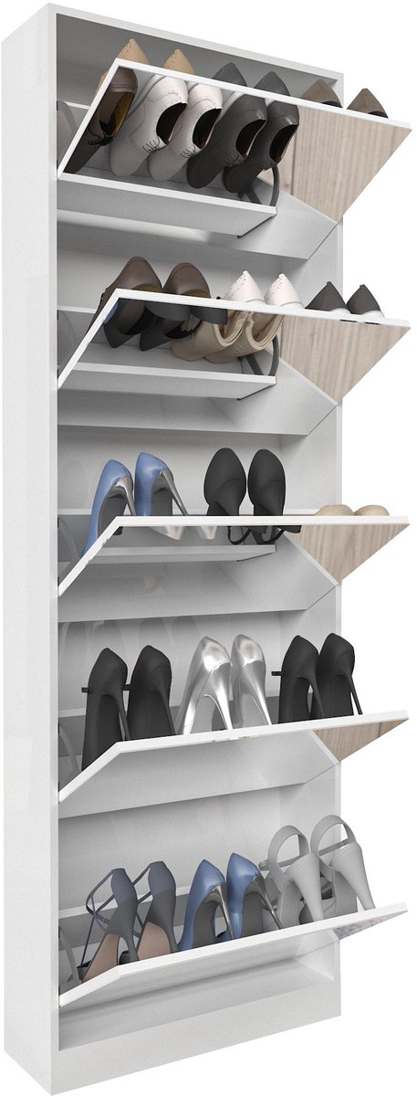 Merax Schoenenkast met Spiegel - Moderne Schoenenorganizer met 5 Klapladen - Smalle Schoenenkast voor Hal en Gang - MDF - Wit - 185×63×19,6 cm (8721178474081)