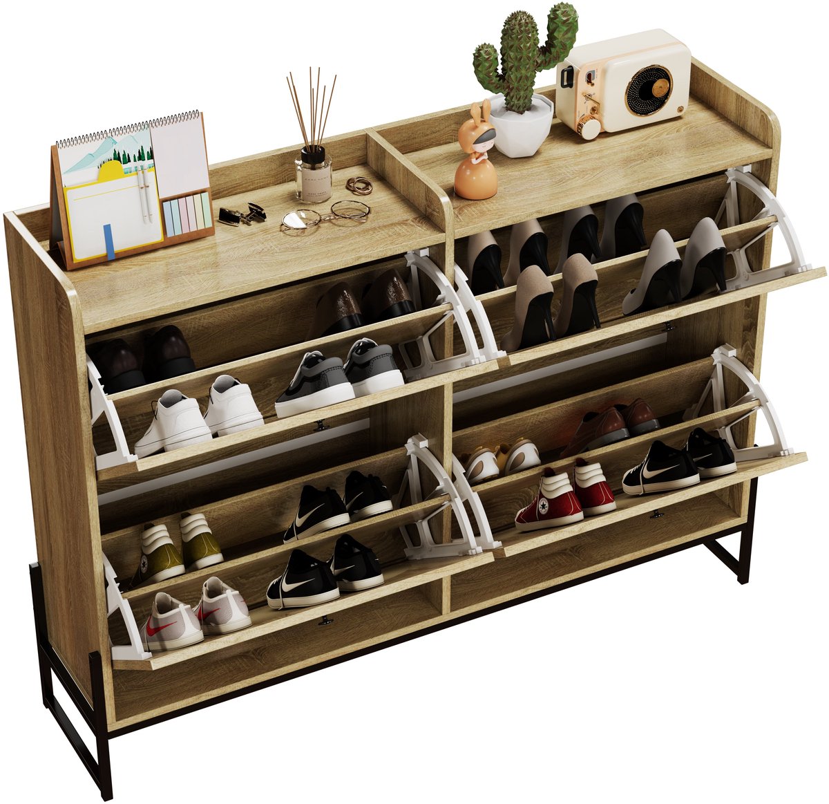 Merax Smalle Schoenenkast 118x25x91.5 cm - Schoenenrek met 4 Kleppen - Houten Schoenenkast met Rattan Deuren - Luchtcirculatie en Veilig Ontwerp - Natuurkleur (8721178471493)