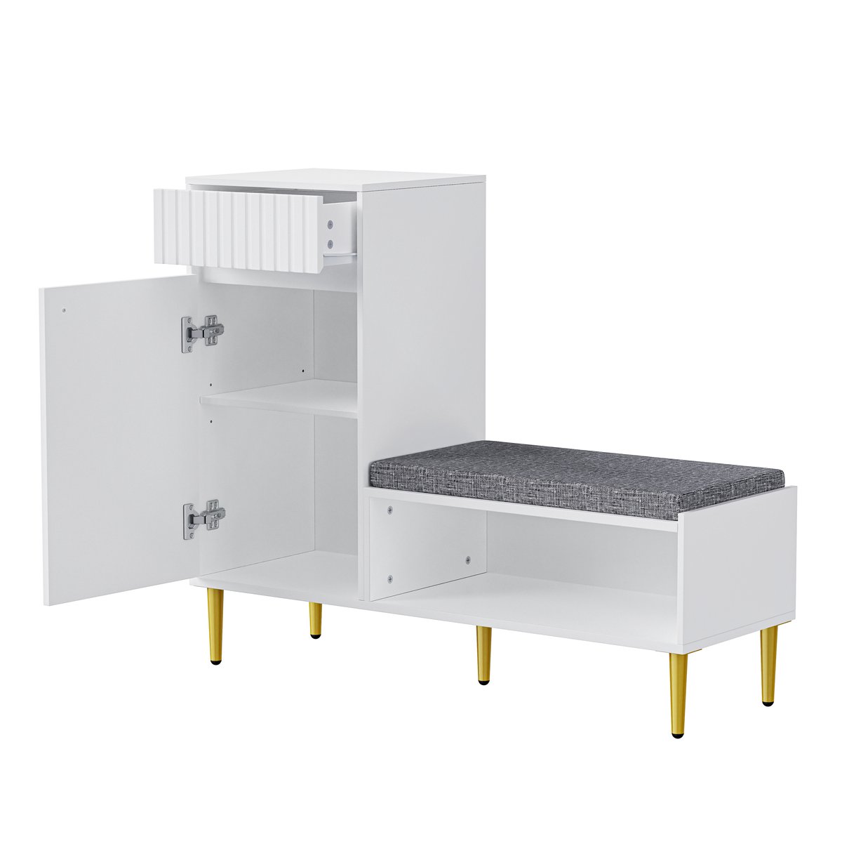 Merax Witte Schoenenkast met Zitbank - Moderne Kast met Lade Deur en Open Vakken - Goudkleurige Poten en Handgreep - 100 x 35 x 82.2 cm - Inclusief Antikantel Beveiliging (8721178475651)