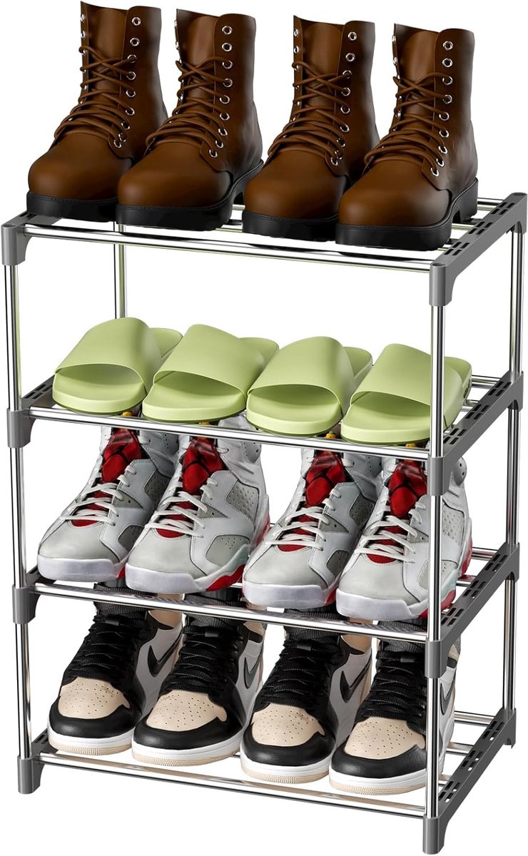 Metalen schoenenrek, schoenenrek met 4 niveaus, licht schoenenrek, stapelbaar voor 8 paar schoenen, schoenenstandaard voor hal, woonkamer, slaapkamer, entree (grijs) (5487569912657)