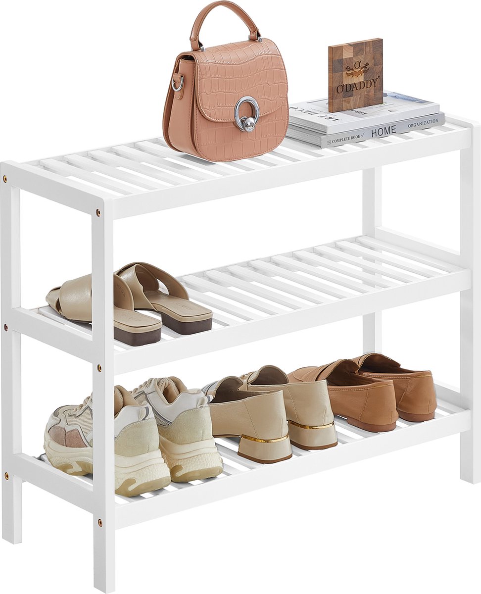 O'DADDY® Schoenenrek - Schoenenbank - Halbank - Schoenenkast - Schoenen Opbergsysteem - Schoenen kast - 3 Laags - Voor 12 Paar - Multifunctioneel Rek - Bamboe - Wit - 70 x 28 x 45 cm (8718657950235)