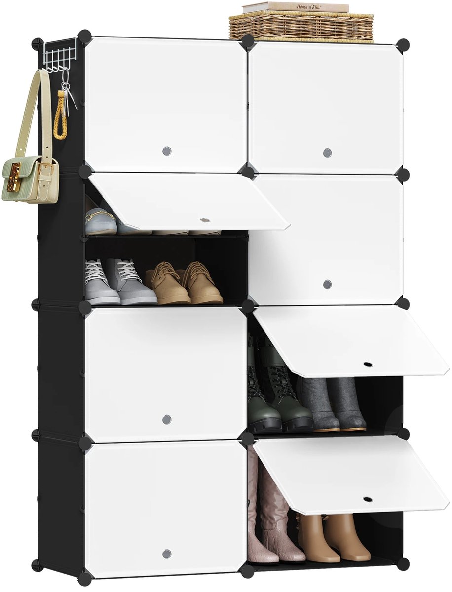 Ohana DT - Schoenenkast - Schoenenrek - 8 Vakken - Modulair - Tot 32 Paar Schoenen - Multifunctioneel - Zwart/Wit (8721398315812)