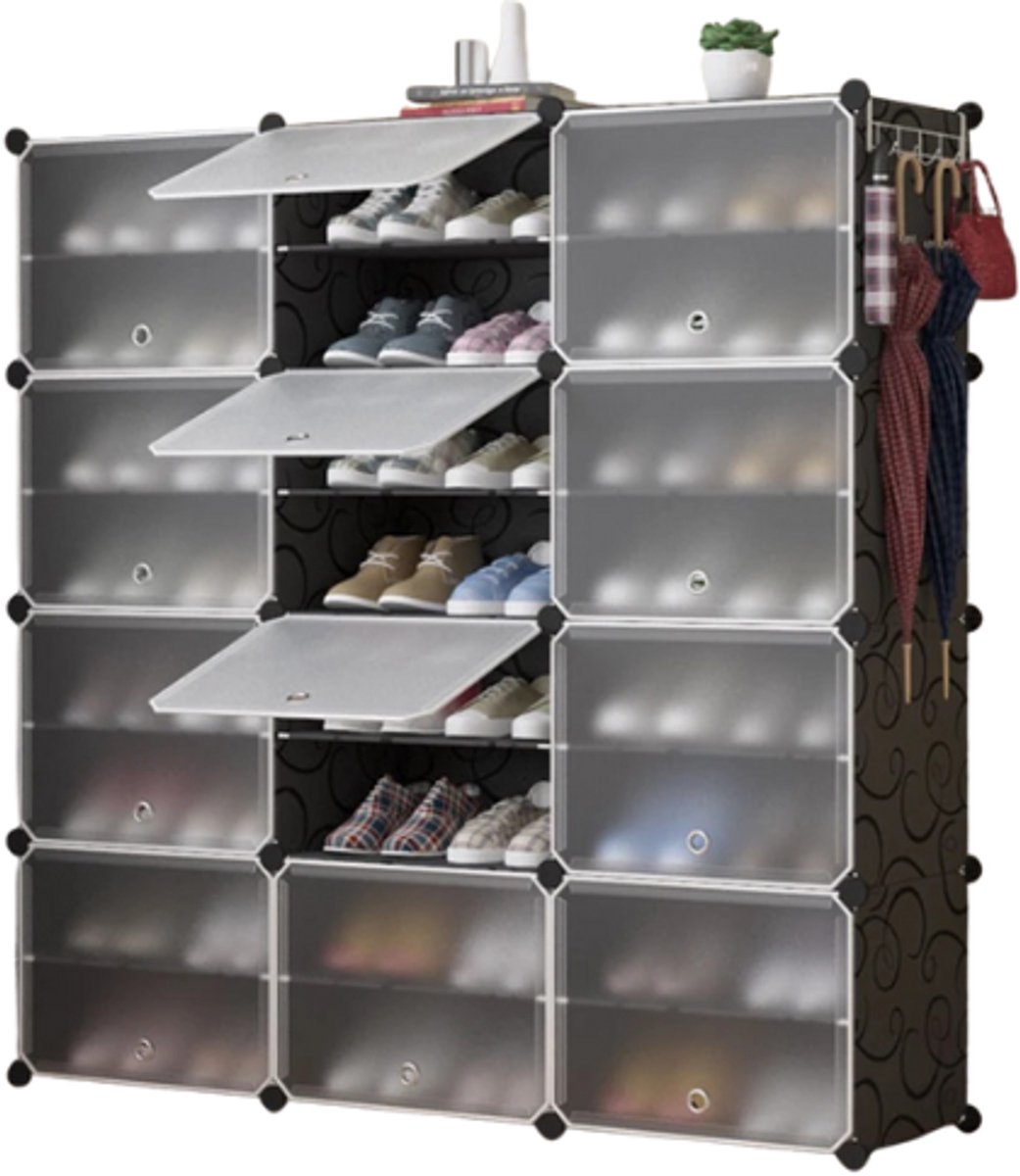 Ohana DT - Schoenenrek - Schoenenkast Met Kleppen - 12 Vakken - 48 Paar Schoenen - 120x120x30 CM - Modulair - Stofvrij (8721398315829)