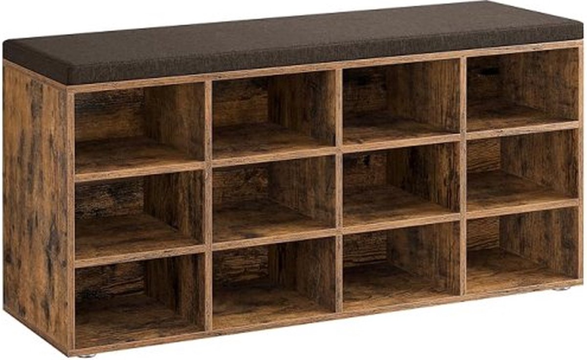 Schoenbank met Zitkussen en Opbergruimte, Halbank met 12 Vakken en Verstelbare Planken - Bruin (8720783175529)