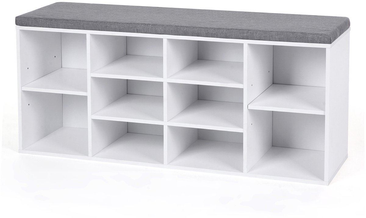 Schoenenbank Schoenenrek Opbergkast met 10 open vakken en zacht, comfortabel kussen Geschikt voor hal en slaapkamer 104 x 30 x 48 cm Wit (4255901404440)