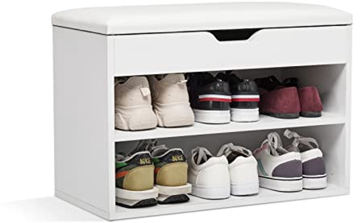 Schoenenbank met Zitvlak van Hout - 60 x 30 x 43 cm - Schoenenrek voor 8 Paar Schoenen - Wit (6153957016076)