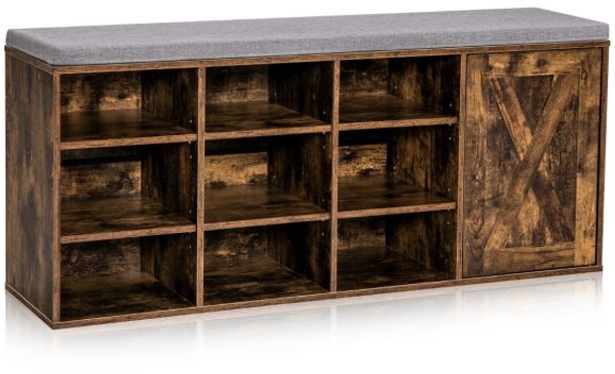 Schoenenbank met gevoerd kussen - 3-niveaus schoenenrek met verstelbare planken, deur openend - Rustiek bruin (8785341252180)