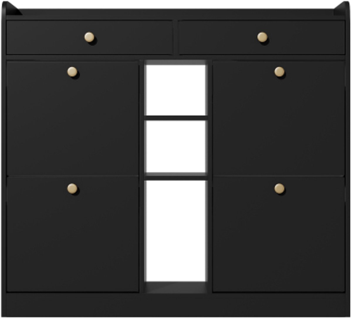 Schoenenkast 110x26x100cm Kast Zwart PB Vier Klapdeuren Twee Laden Drie Open Vakken Modern Voor Hal Entree (4255890917884)