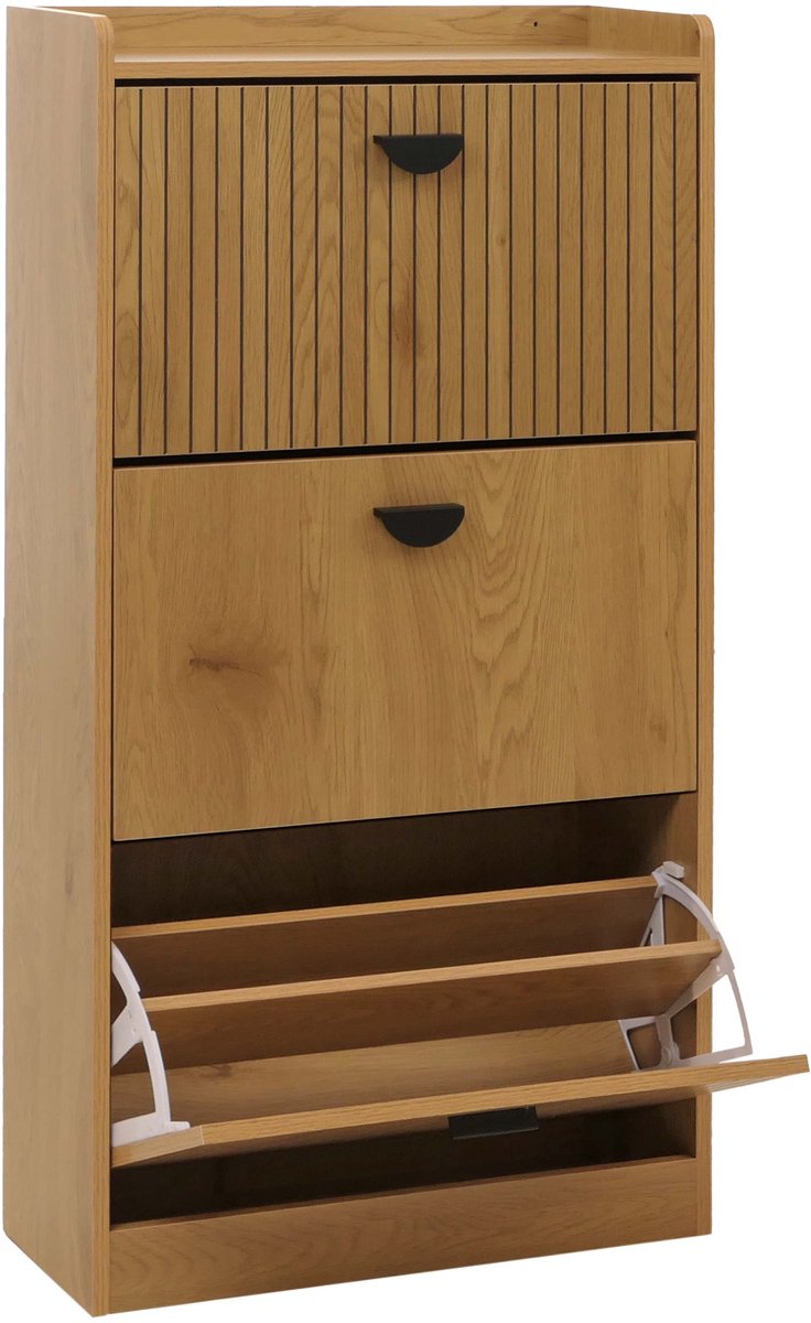 Schoenenkast MCW-O39, schoenenrek met 3 klepdeuren MDF melamine metaal 117x60x24cm ~ naturel (4057651792613)