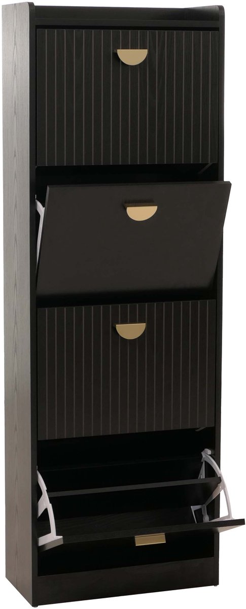 Schoenenkast MCW-O39, schoenenrek met 4 klepdeuren MDF melamine metaal 148x50x24cm ~ houtlook zwart (4057651792880)