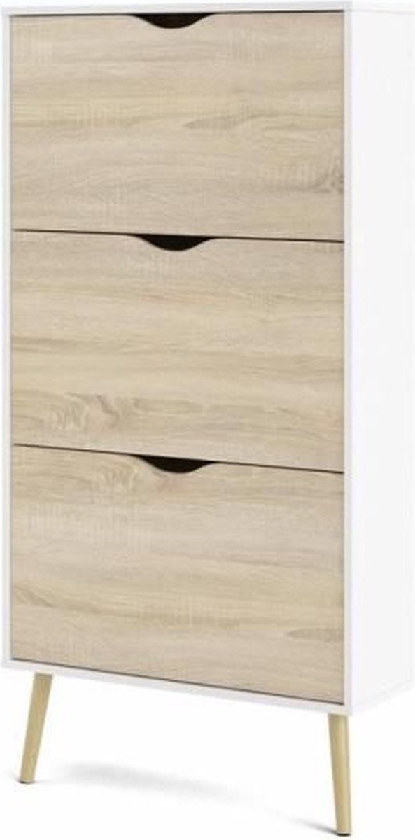 Schoenenkast - Wit/Eiken - 12 paar - Uitlopende massief houten voet - 70,2 x 23,9 x 138,9 cm (5713035054492)