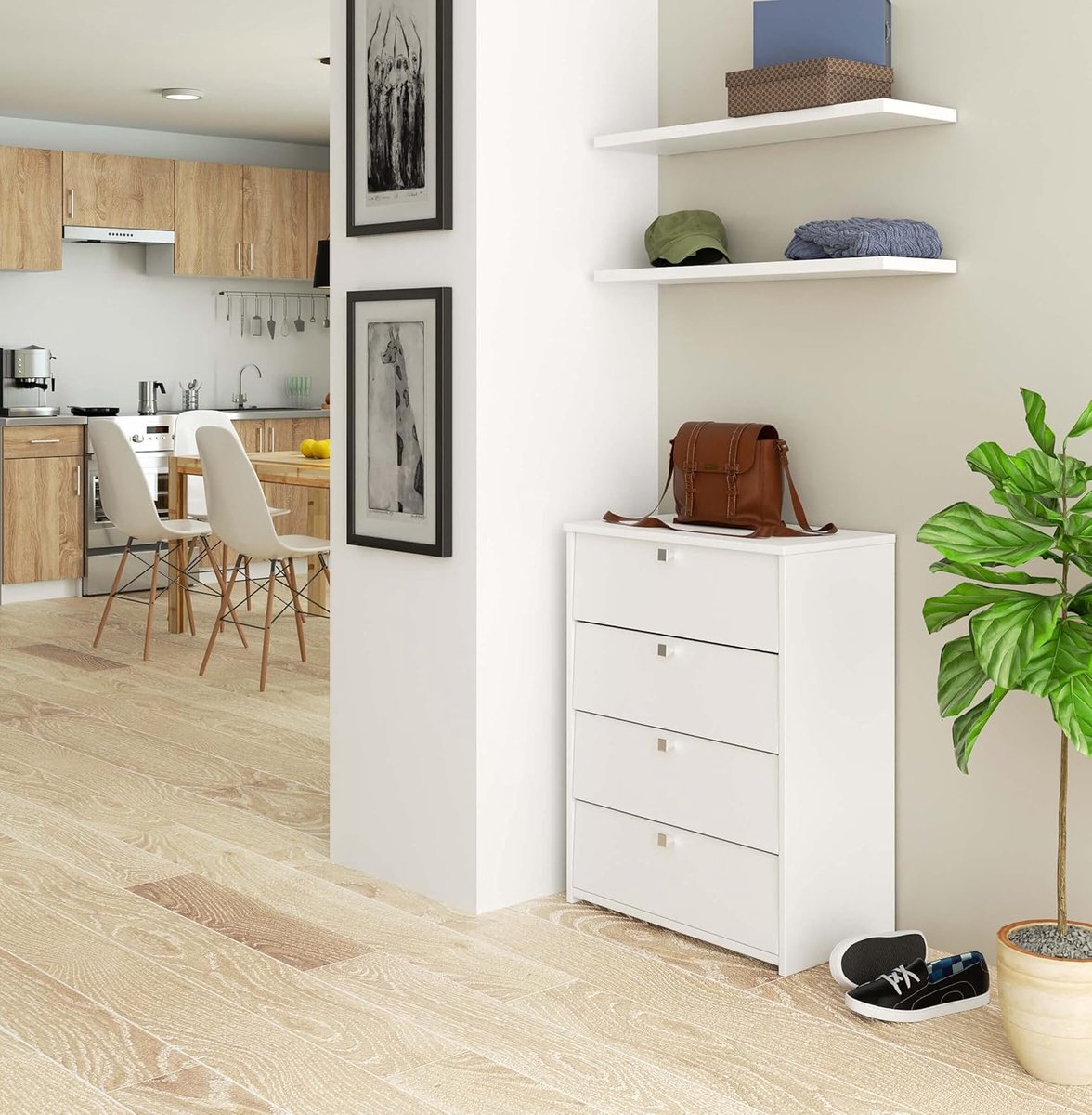 Schoenenkast met 4 Rekken en Klapdeuren - Compacte Wit Kleurige Opbergoplossing voor de Entree (6154447253230)