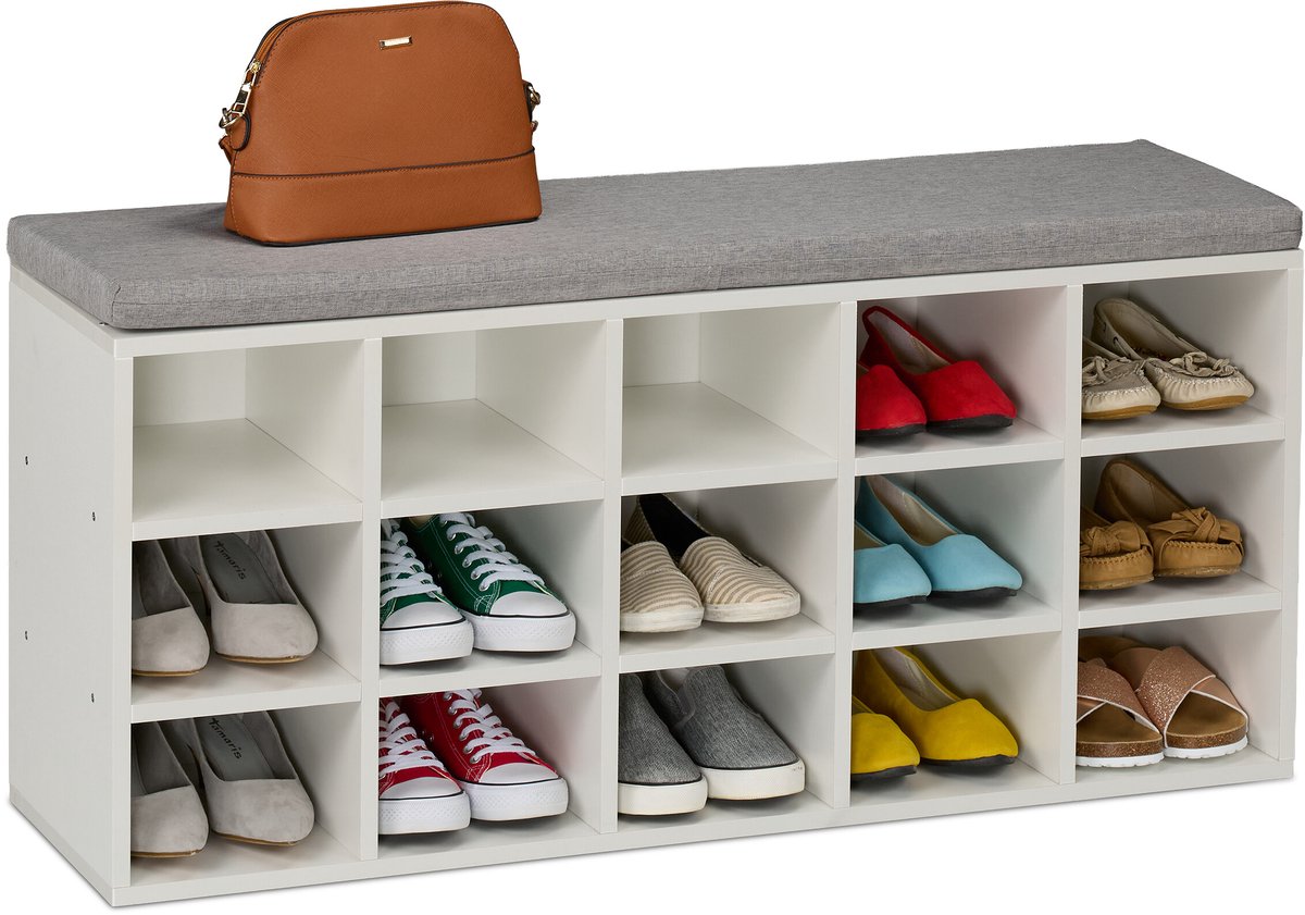 Schoenenkast met zitkussen - 15 vakken - 48x105x30 cm - wit-grijs (4052025864606)