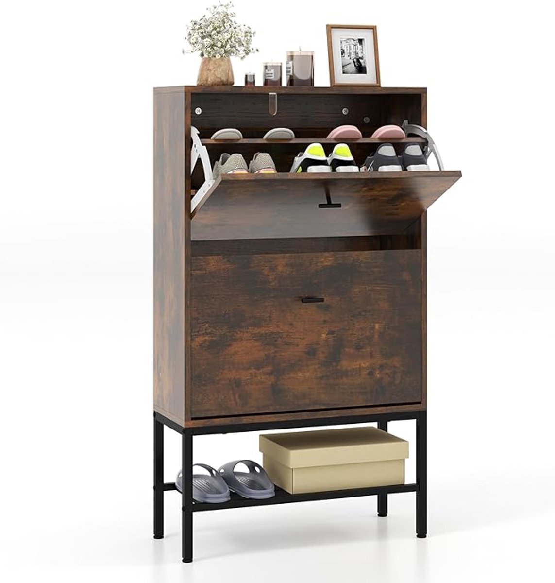 Schoenenopbergkast rustiek bruin- Met aanpasbare scheidingswanden - 4 opbergniveaus (5487571397039)