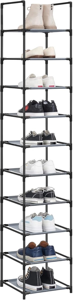Schoenenrek, 10 niveaus, schoenenrek, schoenenopslag, smal, 33 x 33 x 173 cm, metalen frame, planken van vliesstof, voor hal, slaapkamer, grijs (5487569912107)