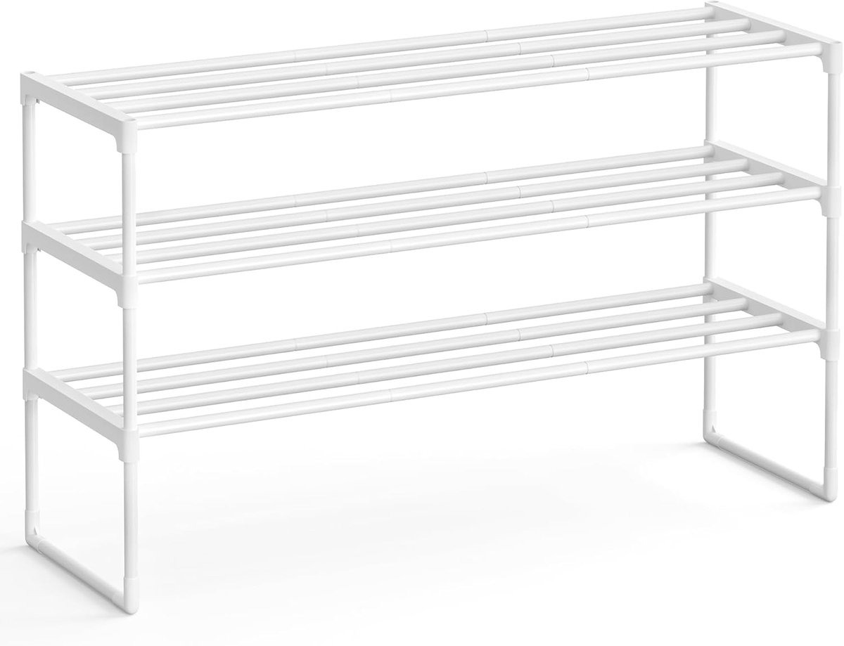 Schoenenrek 3 niveaus, metalen schoenenrek, schoenenorganizer, rechtop of omgedraaid, voor 16-20 paar schoenen, stapelbaar, hal, 30 x 92 x 55 cm, parelwit (5487569912053)