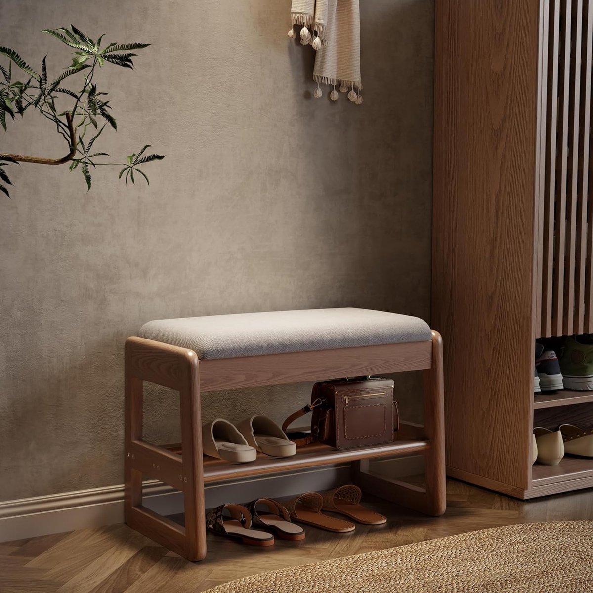 Schoenenrek bank met kussen, 2 niveaus, schoenenbank met klapdeksel, houten schoenenrek voor ingang, hal 60 cm (walnoot) (6152249353394)