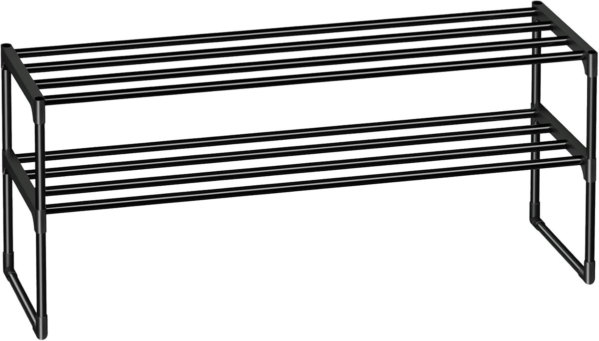 Schoenenrek met 2 niveaus, metalen schoenenrek, staand of omgedraaid, stapelbaar, voor 10-14 paar schoenen, 93 x 30 x 38,5 cm, schoenenstandaard voor hal, zwart (5487569912343)