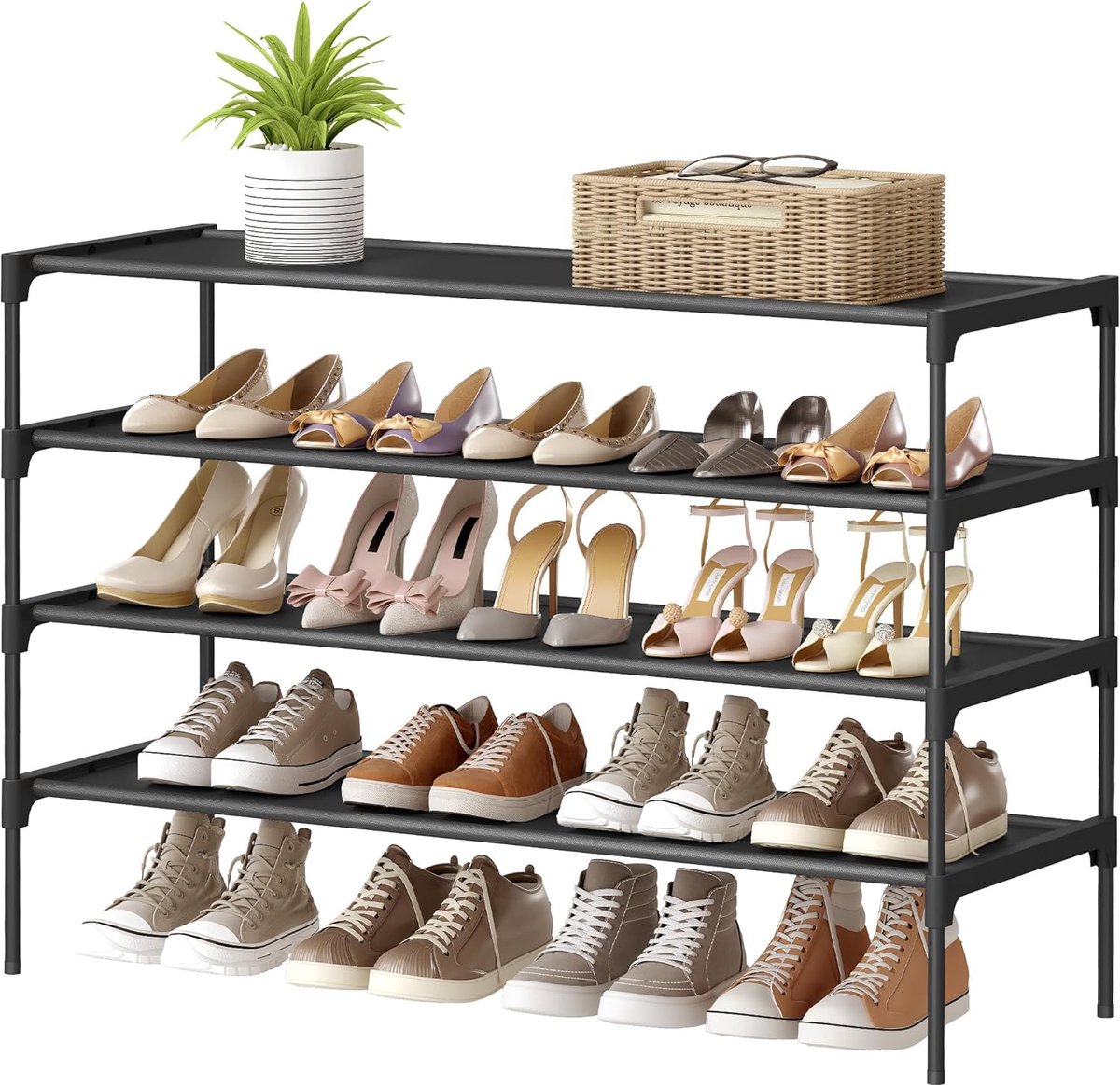 Schoenenrek met 4 niveaus, schoenenrek, entree, hal, ruimtebesparend, 29,7 x 91,8 x 70,5 cm, metalen frame, non-woven plank, inktzwart (5487569912152)