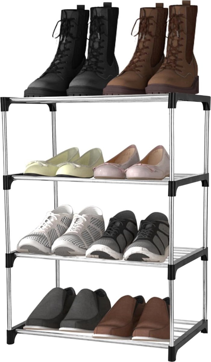 Schoenenrek met 4 niveaus, stapelbaar, klein, voor 8 paar schoenen, stabiel en duurzaam metalen schoenenrek voor hal, woonkamer, entree (5487569912930)