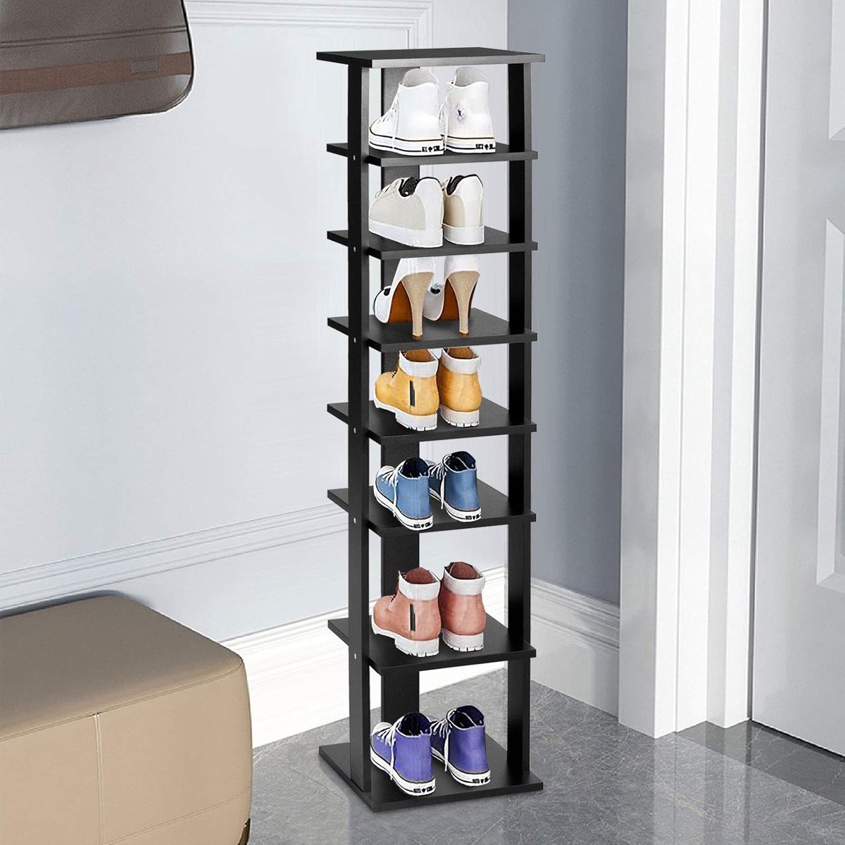 Schoenenrek met 7 Planken - Ruimtebesparende Schoenenkast van Hout, 10 kg Draagvermogen - Voor Woning & Kantoor (Zwart) (5487571397701)