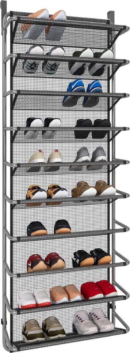 Schoenenrek over de deur met 10 niveaus, hangende schoenenkast, metalen schoenenorganizer voor eetkamer, grijs, 55 x 19,5 x 159 cm (6152519222221)
