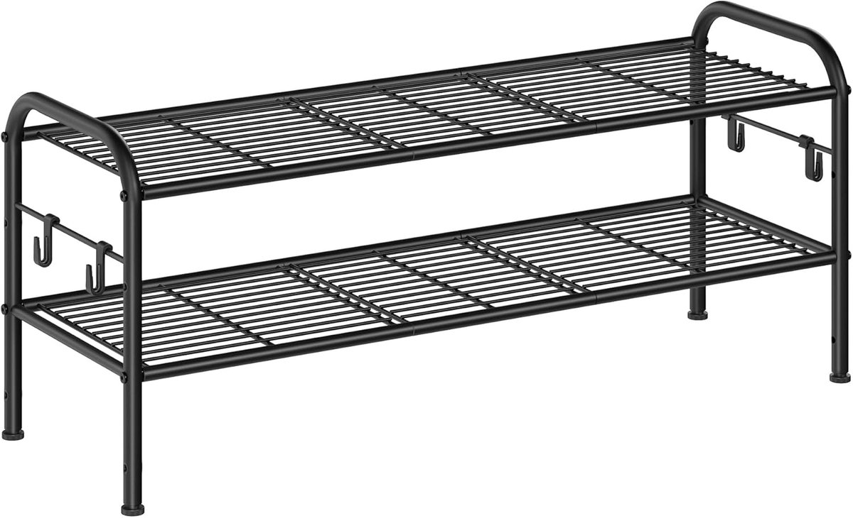 Schoenenrek, schoenenstandaard met 2 niveaus, metalen rek met 4 zijhaken, voor 10 paar schoenen, in hoogte verstelbare plank, voor entree, hal, garderobe, eenvoudige montage, inktzwart (5487569912732)