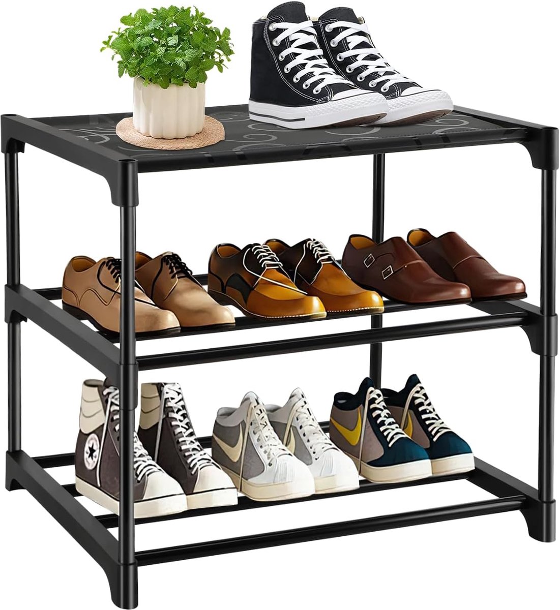 Schoenenrek, smal, 3 niveaus, schoenenrek, ruimtebesparend, stapelbaar, schoenenrek met anti-roestcoating, schoenenrek, zwart, klein, voor gangen, woonkamer, slaapkamer (5487569912336)
