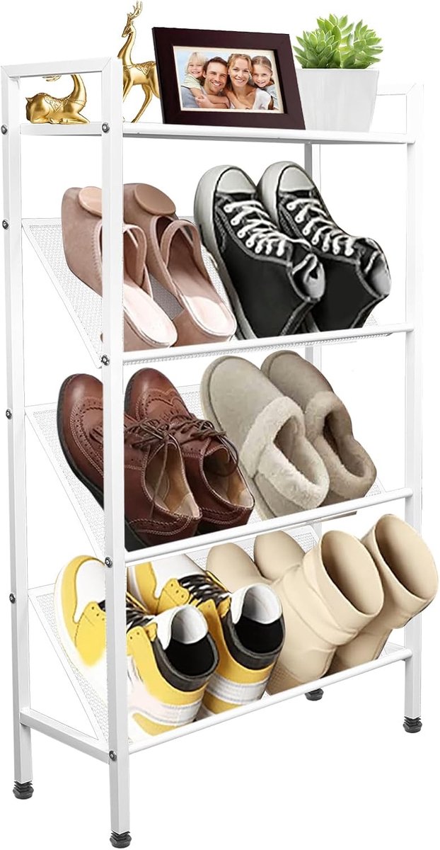 Schoenenrek smal, schoenenrek, ruimtebesparend metaal, wit, schoenenrek met 4 niveaus voor entree, hal, woonkamer, schoenenrek, 50 cm breed, 20 cm diep, hoogte 90 cm (5487569912893)