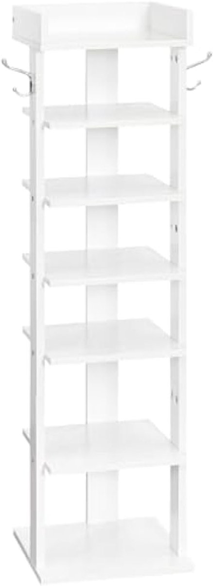 Schoenenrek, verticaal schoenenrek, 7-laags schoenenkast, smalle schoenenstandaard met omheining en haken, ruimtebesparend, voor hal, woonkamer, slaapkamer, wit, EWT61XJ01 (9505954943973)