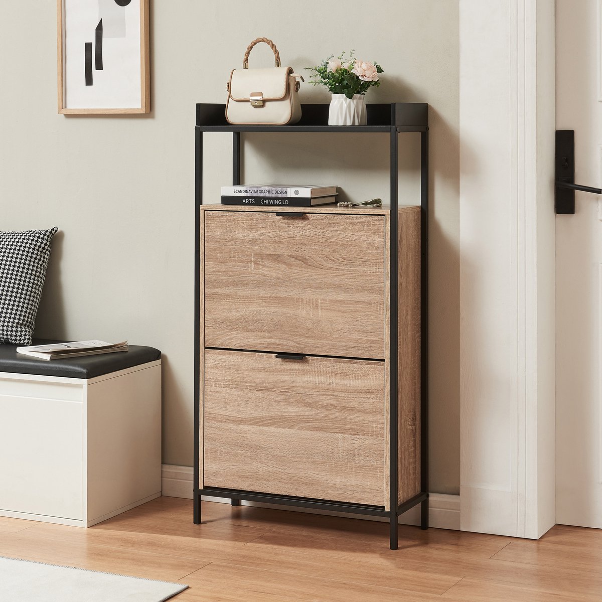 Schoenkast Belana 116x60x24 cm zwart en eikenkleurig [en.casa] (4059438954306)