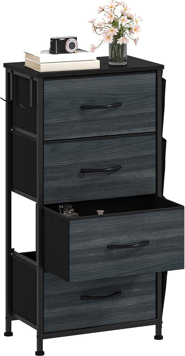 Smalle ladekast met 4 stoffen lades en stalen frame voor slaapkamer en woonkamer (8721316709594)