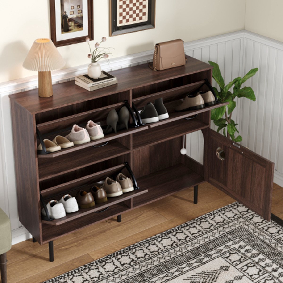 Smalle schoenenkast met 3 kleppen - Schoenenrek met opbergruimte en plank, 120x28x92 cm - Modern schoenenmeubel voor hal en entree (4853222956718)