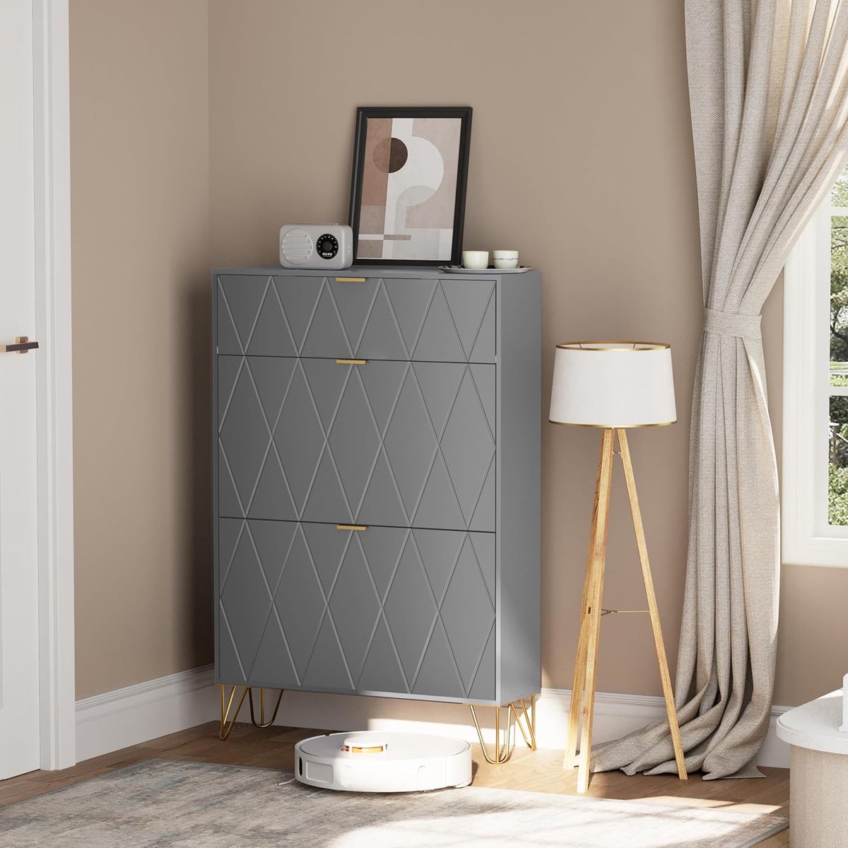 UEV Kantelbare schoenenkast, schoenenrek voor 16 paar, 3 compartimenten (2 schoenenopbergers + 1 verborgen plank) (80 x 24 x 120 cm, GRIJS) (0762704296324)