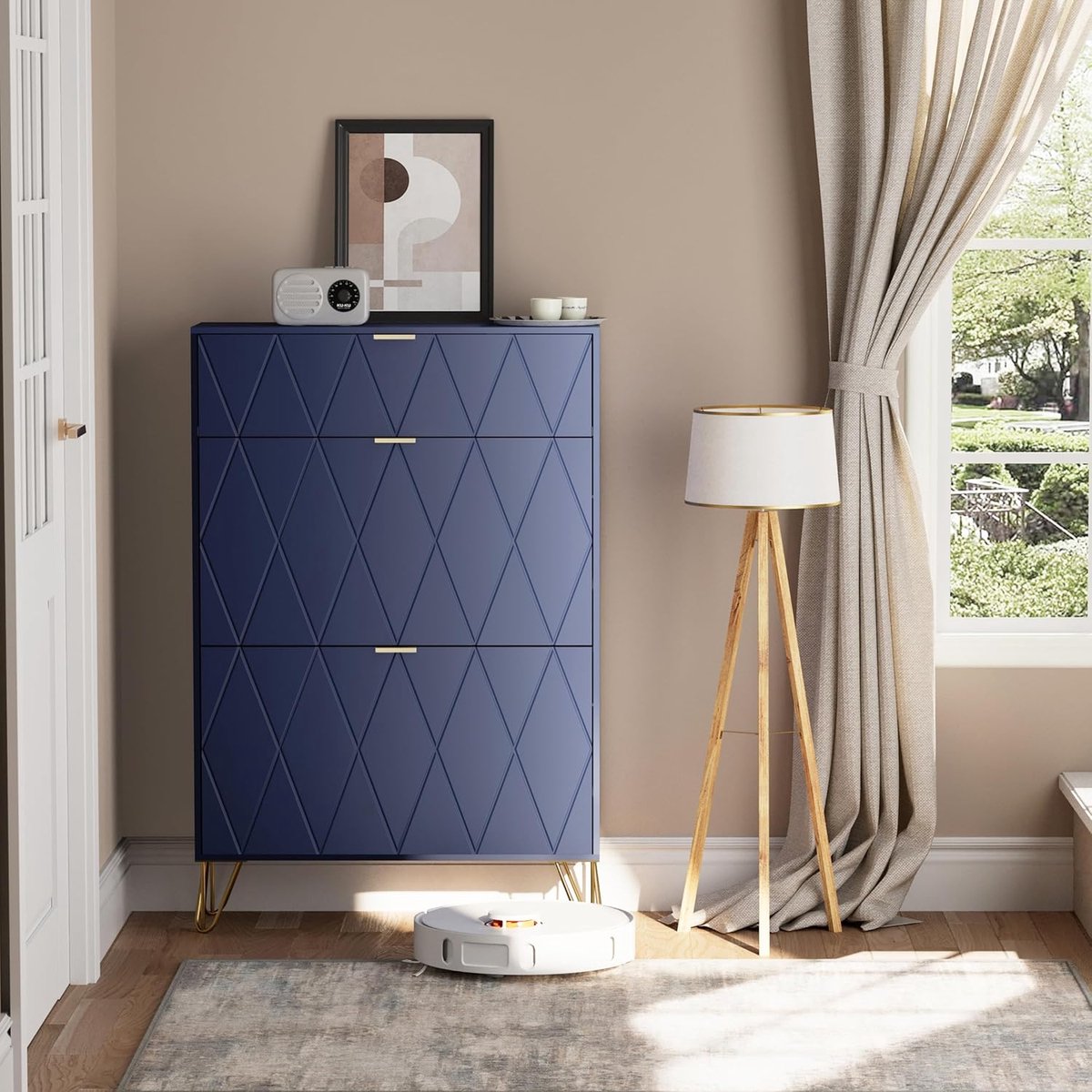 UEV Kantelbare schoenenkast, schoenenrek voor 16 paar, 3 compartimenten (2 schoenenopbergers + 1 verborgen plank) (80 x 24 x 120 cm, Marineblauw) (0762704301080)