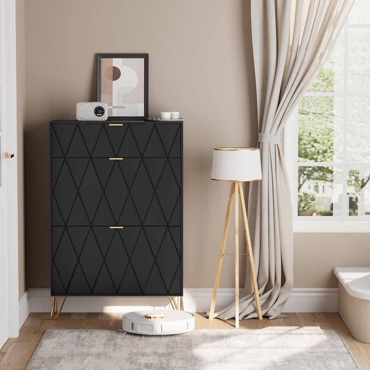 UEV Kantelbare schoenenkast, schoenenrek voor 16 paar, 3 compartimenten (2 schoenenopbergers + 1 verborgen plank) (80 x 24 x 120 cm, Zwart) (0791742220305)