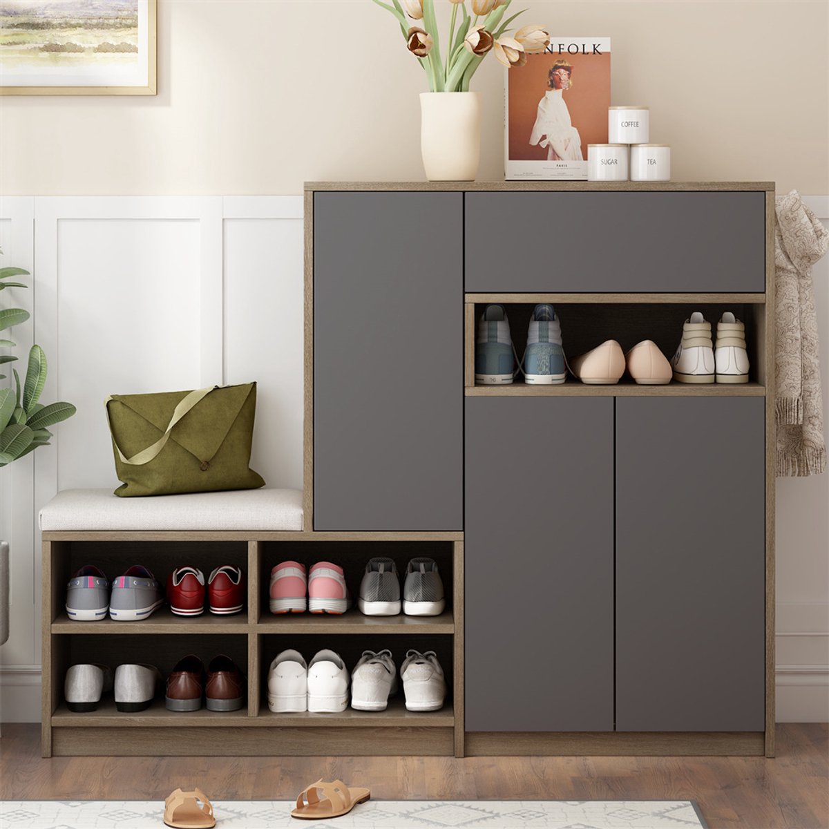 YEHTOKHOME Schoenenkast houten - 140x35x110cm - voor 26 paar Schoenen - multifunctioneel schoenenrek met gestoffeerde zitting - verstelbare planken - 1 lade - grijs (7823694659957)