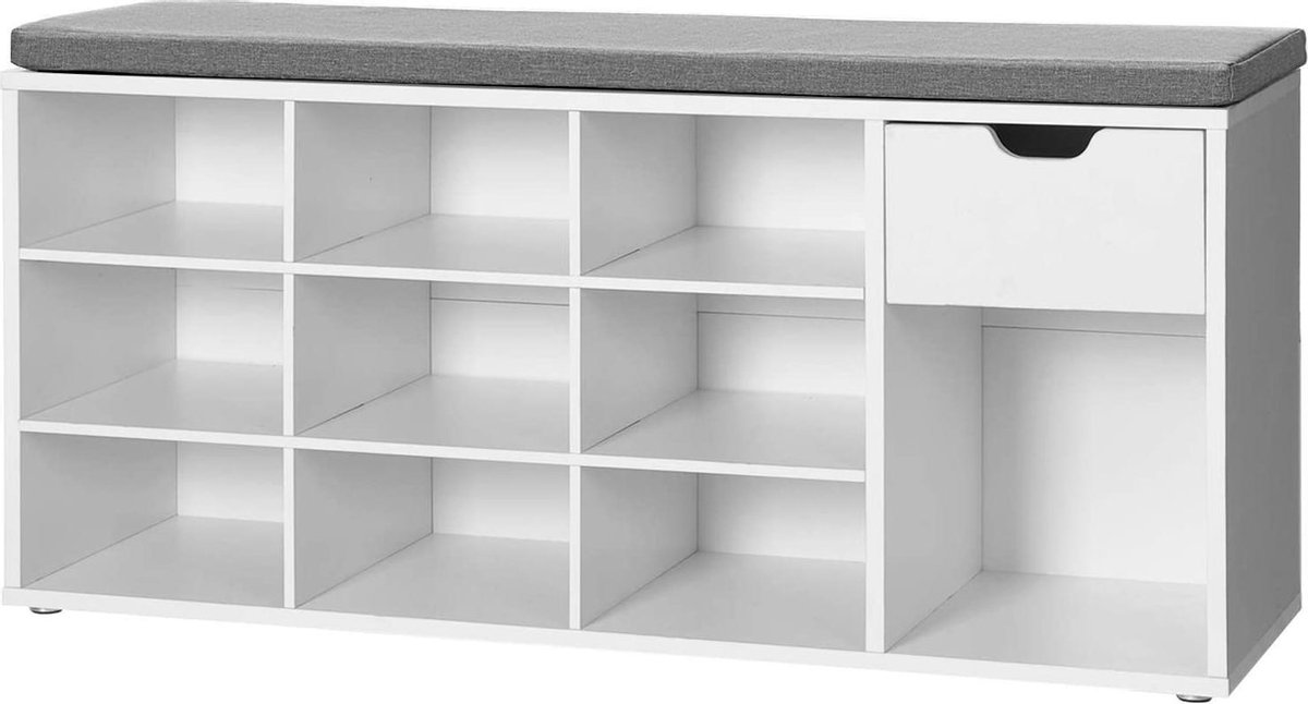 schoenbank, schoenenrek met lade en open vakken, bank, gestoffeerde zitting, gang, slaapkamer en entree, 104 x 30 x 48 cm, wit LHS24WT (7435821413419)