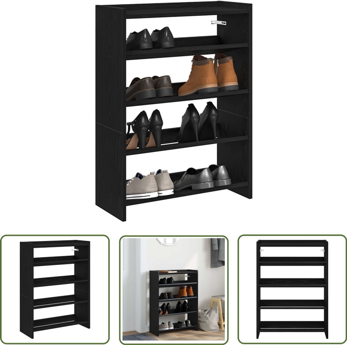 vidaXL Houten Schoenenkast - Schoenenrek - Schoenenrek 60x25x81 cm bewerkt hout zwart - Schoenenopbergers - Entryway Furniture - Hal Meubilair (8028506499137)