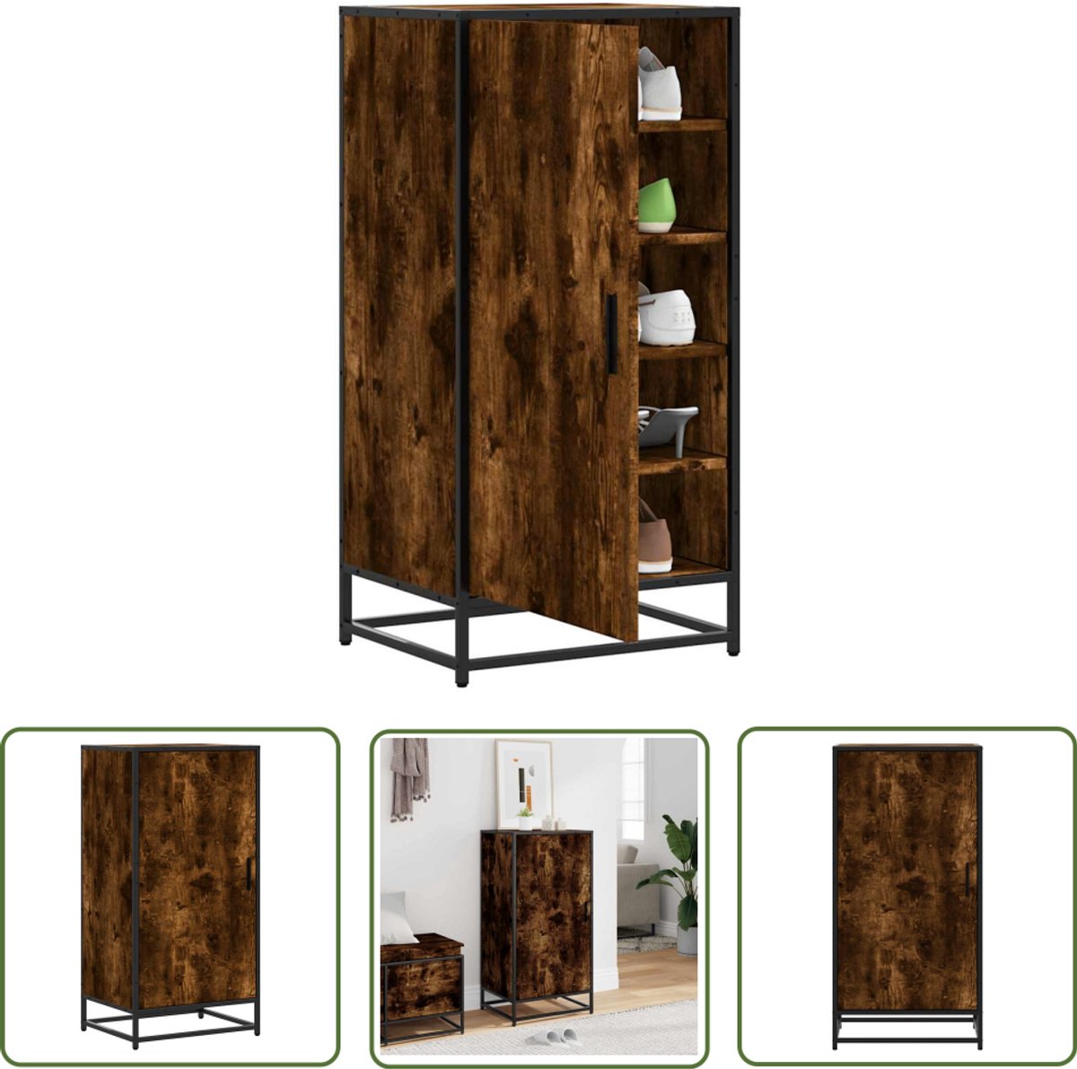 vidaXL Houten Schoenenrek - Schoenenrek - Schoenenrek 48x38x97,5 cm bewerkt hout gerookt eikenkleurig - Schoenen Kast - Opbergruimte - Entree Organisatie (8025340956031)